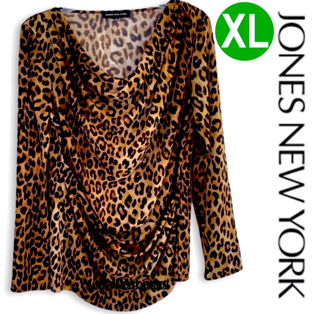 JONES NEW YORK Leopard Print Drape Cowl Neck  Long Sleeve Party Career Top